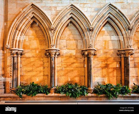 Ornate columns with pointed arches, detail, Lincoln Cathedral, The Cathedral Church of St Mary ...