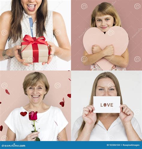 Set of Diversity People with Heart Love Studio Collage Stock Photo 