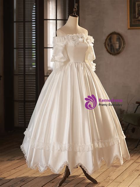 White Satin Lace Off the Shoulder Puff Sleeve Wedding Dress