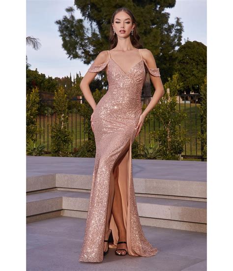 Cinderella Divine Rose Gold Sequin Cold Shoulder Bridesmaid Gown | Rose