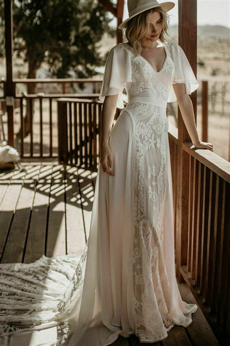 elegant short sleeve bohemian wedding dresses   modern bride