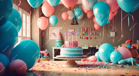 premium photo  birthday party scene   cake  balloons