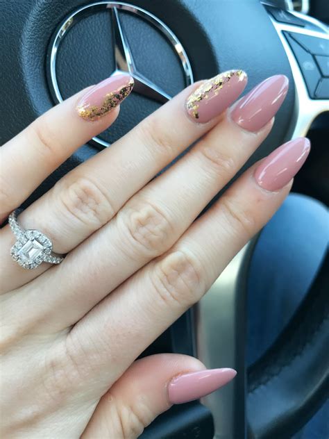 New engagement nail design - dusky nude rose and gold leaf design