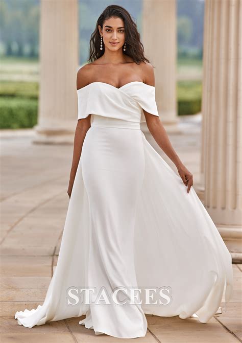 Sheath/Column Stretch Crepe Wedding Dress Off-the-Shoulder Detachable