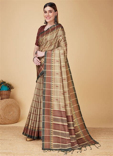 buy weaving work cotton silk casual sari  beige  brown