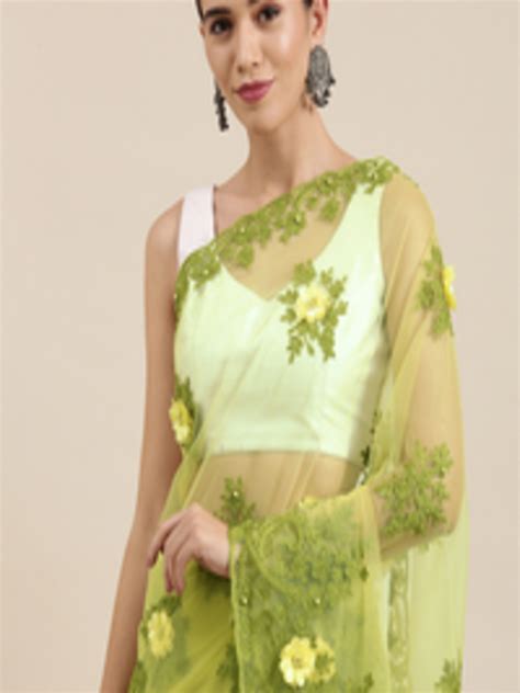 Buy PERFECTBLUE Green Floral Embroidered Net Saree - Sarees for Women