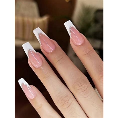 Unha Branca Com Francesinha E Glitter - Unha Postiça 24 Unidades Francesinha Branca com Glitter | Shopee Brasil