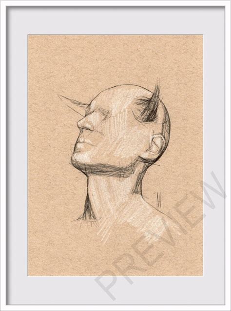 Original Male Demon Horns Portrait Figure 6x8 Sketch Drawing Study FREE ...