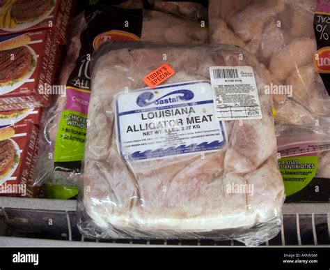 A package of frozen Louisiana Alligator Meat in a supermarket freezer ...