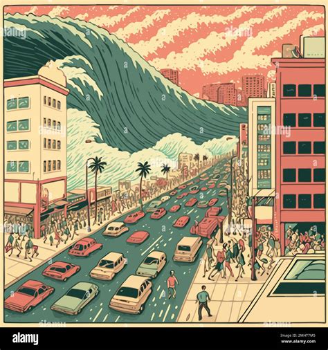 Illustration of giant marine tsunami destroying a city with buildings ...