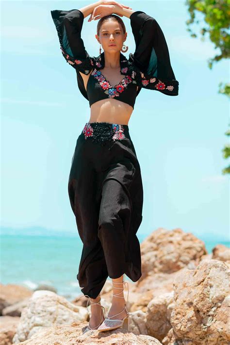 Buy Black Silk Embroidered Resham Plunging V Floral Jacket Pant Set For