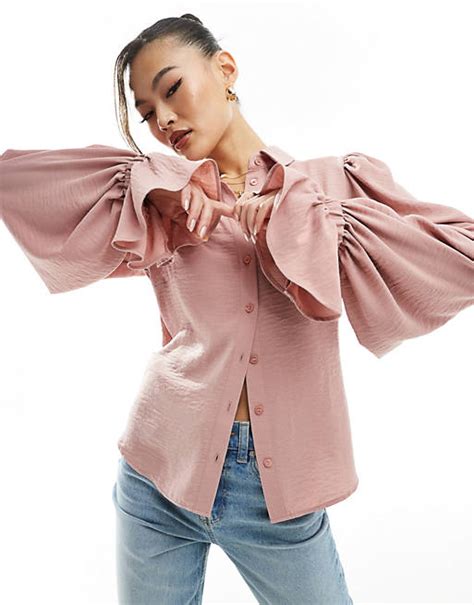 ASOS DESIGN volume sleeved soft shirt with ruffle cuff in pink | ASOS