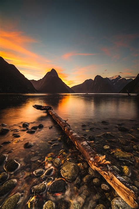 Beautiful landscape with lake and mountains at sunset image - Free ...