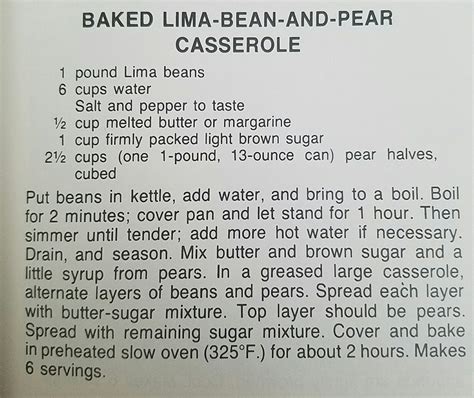 Baked Lima-bean and pear Casserole, vintage side dish recipe