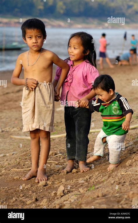 Lao Children on the Shore of Mekong River in Louangphrabang Laos Stock ...