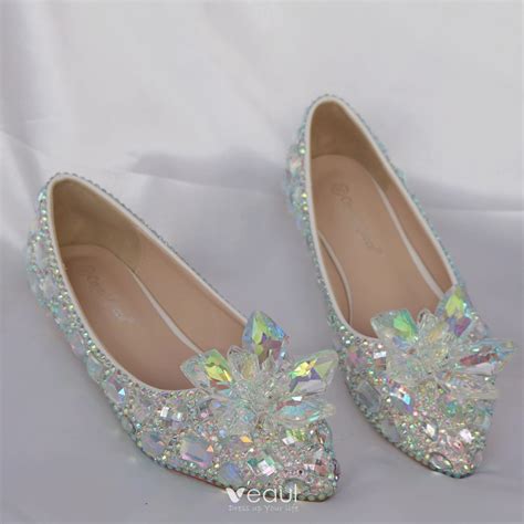 Sparkly Silver Wedding Shoes 2018 Crystal Rhinestone Pointed Toe Flat