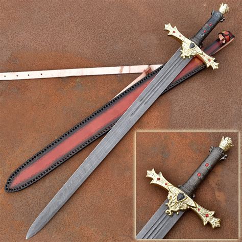 King Arthur Excalibur Damascus Steel Sword Hand Forged Ornate Medieval Decorative Replica ...