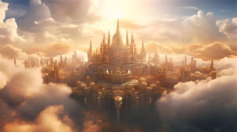 AI-generated Illustration of the Heavenly Kingdom with a Majestic Castle in Golden Sunlight ...