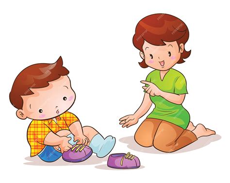 Premium Vector | Mom teaches cute son wearing shoes
