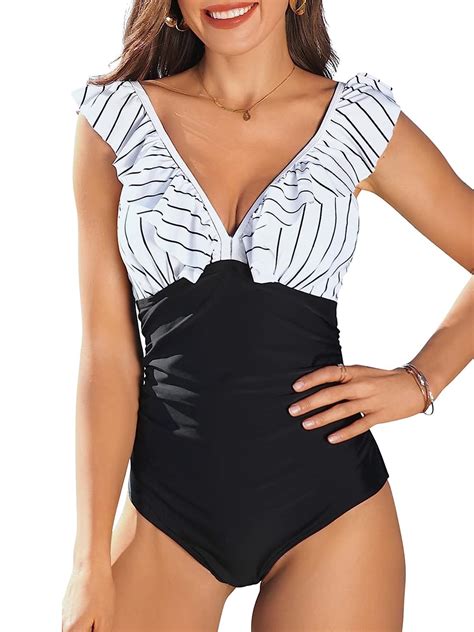 Charmo Women's Ruffle One Piece Swimsuit V Neck Bathing Suits with