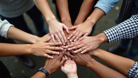 diverse people hands join    circle multicultural group
