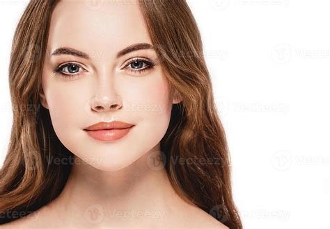 beautiful woman face close  portrait happy studio  white