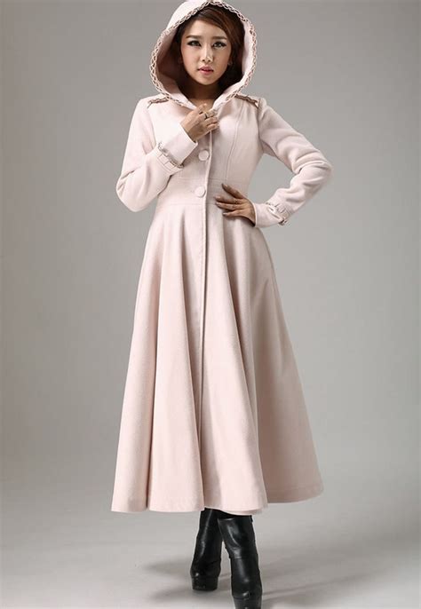 Pink Long Winter Coat - Maxi Fit-and-Flare Style Outerwear with Pleated ...