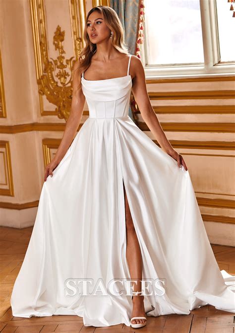 A-line Cowl Neck Satin Chapel Train Wedding Dress with Bowknot Pleated