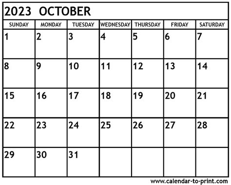 October 2023 Calendar Printable