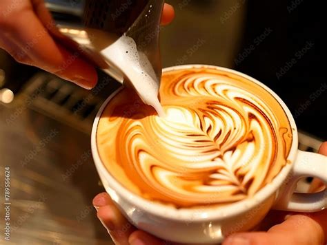 barista pouring latte art   coffee cup stock illustration adobe