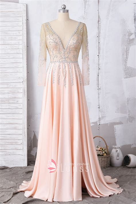 Elegant Beaded Long Sleeve Peach Pink A-line Formal Dress - Lunss