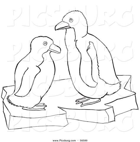 Clip Art of Two Baby Penguins on Ice - Black and White Line Art by Picsburg - #56580