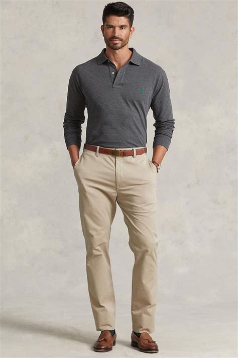 Men's khaki pants, long sleeve knitted grey polo shirt and brown ...