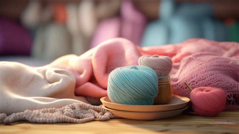 Colorful Yarn Balls and Soft Fabrics on a Table, Crafting Ambiance ...