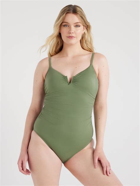 Time & Tru Women's Plus V-Wire One Piece Swimsuit XS-3X, Slimming
