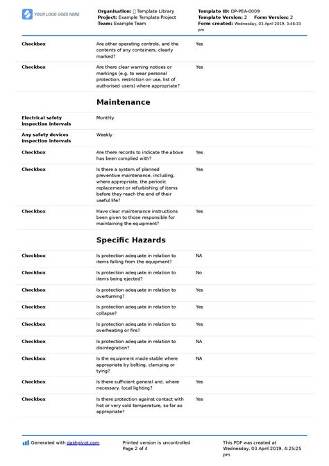 Machinery Inspection Checklist (For heavy machinery, plant, trucks etc.)