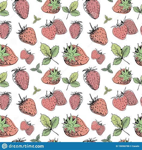 Strawberry Seamless Sketch Pattern. Hand-drawn Red Strawberry Berries ...