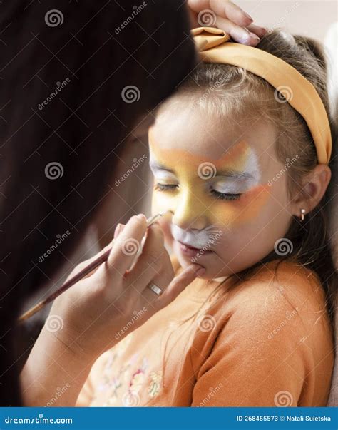 Cute Makeup Little Tiger. Girl Getting Face Painting Outdoors, Stock ...