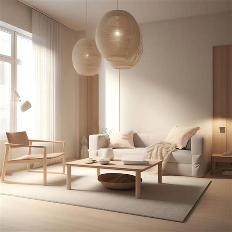 Premium Photo | A living room with a couch, a table, and two lamps.