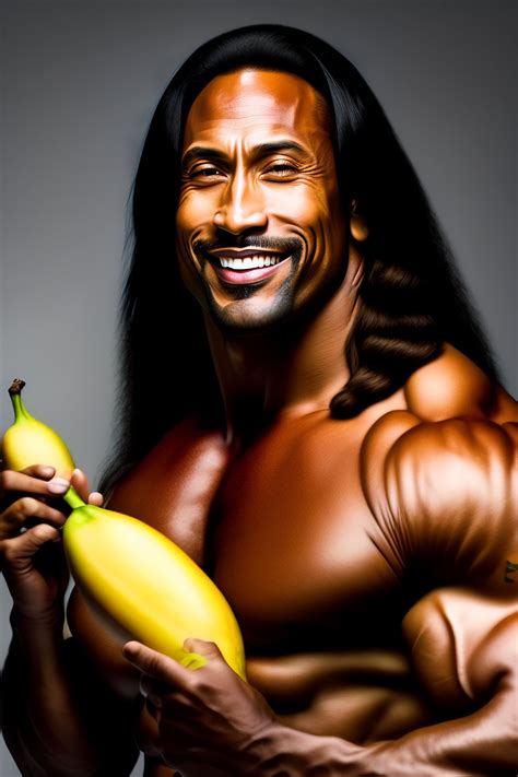 Lexica - Crazy giggling long haired Dwayne Johnson with bananas in his
