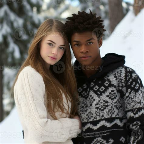 Loving teenage interracial couple is enjoying a romantic winter day AI