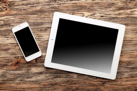 premium photo laptop wood phone reader table display pad