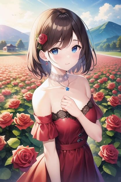 Premium AI Image | Anime girl in a red dress with a flower field in the background