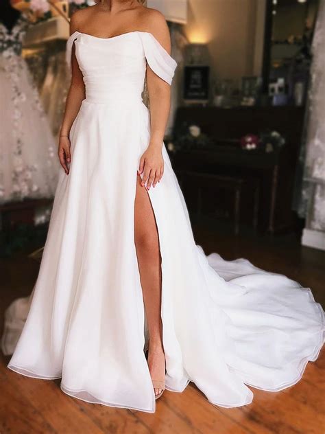 Off the Shoulder White Organza Wedding Dresses, White Organza Bridal