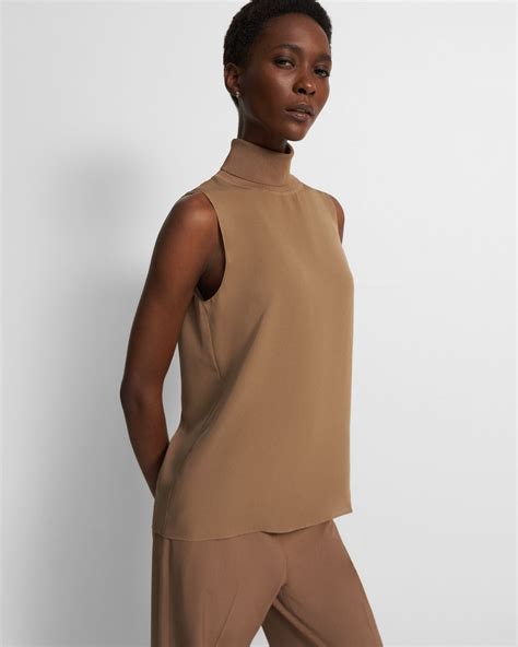 brown silk sleeveless turtleneck top theory
