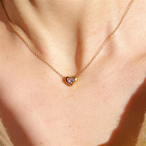 Pink Diamond Heart Pendant Necklace, 14K Gold Plated Zircon Minimalist ...