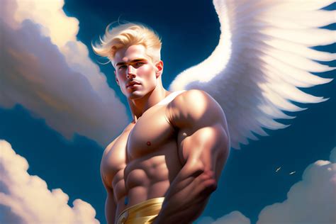 Lexica - A male Angel flying and dancing among the clouds, blond hair