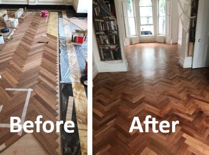 Herringbone floor installation with glue-down - house, Islington ...