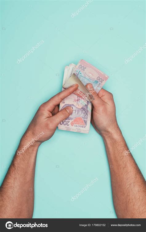 Cropped Shot Man Counting Cash Isolated Turquoise Stock Photo by ...