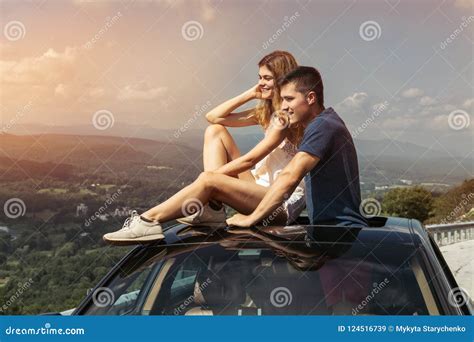 Young Couple on Road Trip Travel by Car Together and Enjoy the Nature View from the Top Stock ...